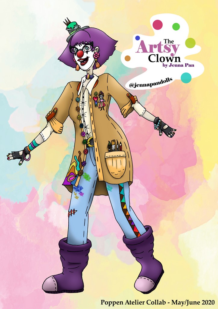 Jenna Pan dolls poupées dessin art doll fait main france clown clownette art artiste artsy clown colorisation planche charadesign cirque festif poppen atelier collab collaboration 500 mille abonnés abonnées @jennapandolls 