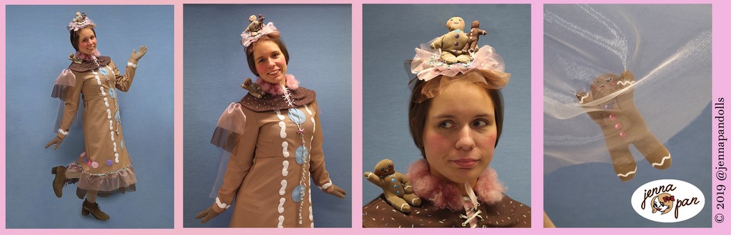 jenna pan dolls poupée création de personnages déguisement halloween 2019 démone mariée démonique costume fait main artisanal handmade ooak diy noel christmas pain d'épice gingerbread rose pink bleu blue puppet 